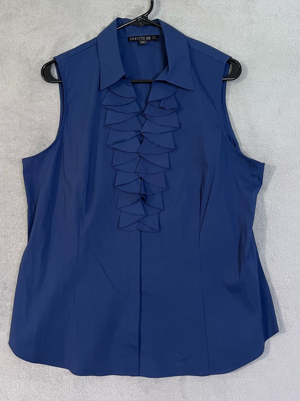 Lafayette 148 New York Navy Blue Sleeveless Ruffle-Front Blouse Womens Size 16